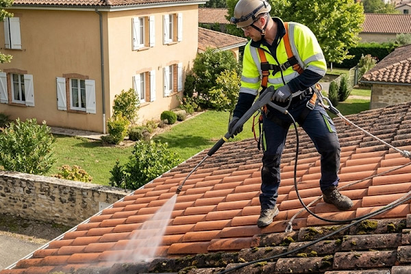 Application d'un traitement démoussage et hydrofuge sur une toiture encrassée à Lacanau