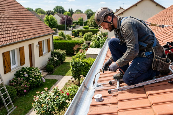 Installation d'une gouttière en zinc neuve et façonnage de zinguerie sur mesure autour d'une cheminée à Lacanau